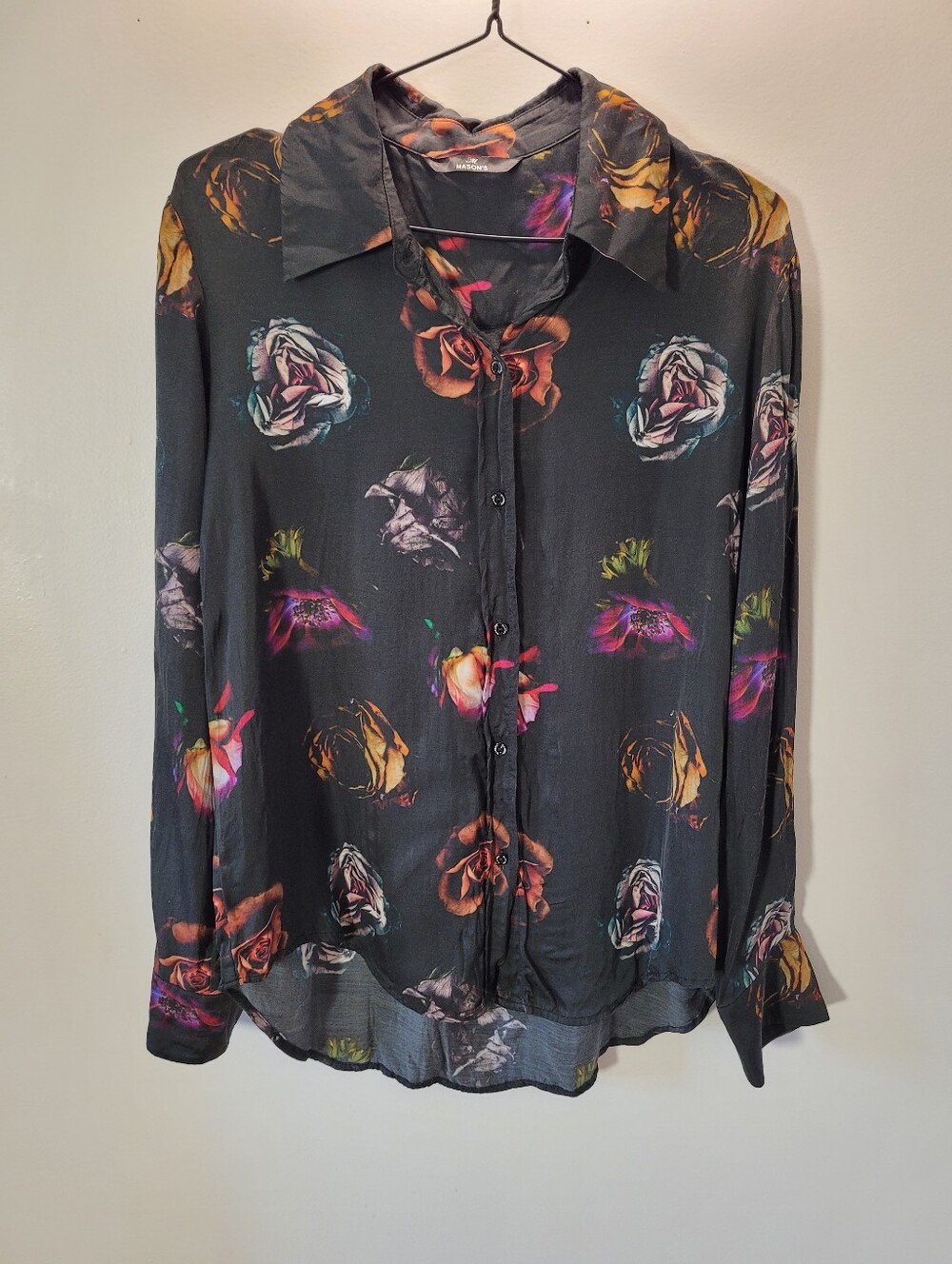 Mason's Women's Black Floral Satiny Button-Down Shirt - Size 42